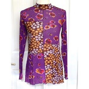 LOGO Layers Lori Goldstein Purple Patchwork Print Sheer Mesh Top XXS Long Sleeve